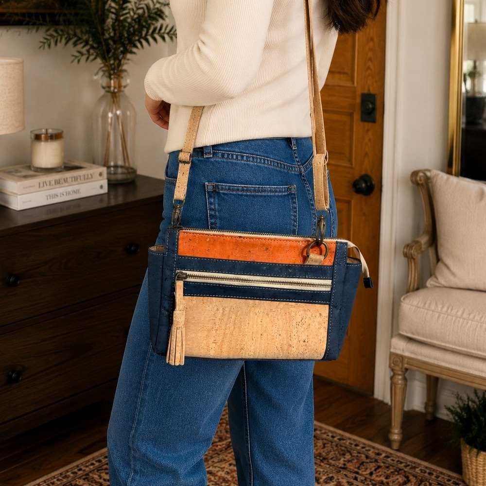 Natural Cork Crossbody Bag Blue Orange Tan Vegan‎